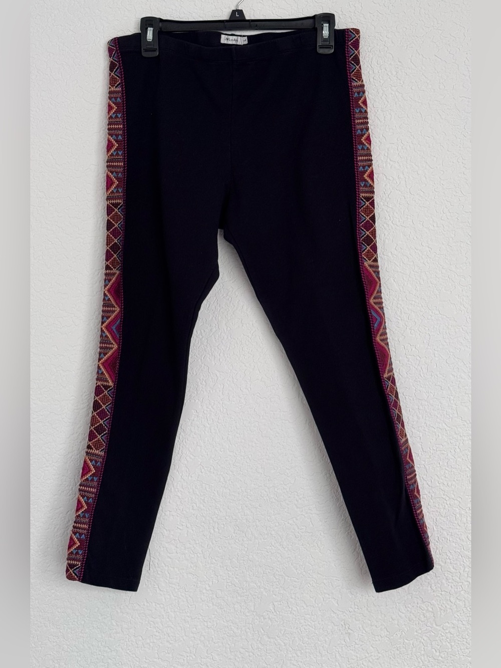 JW Los Angeles Black Leggings with Tribal Embroidered Side Panels - Women